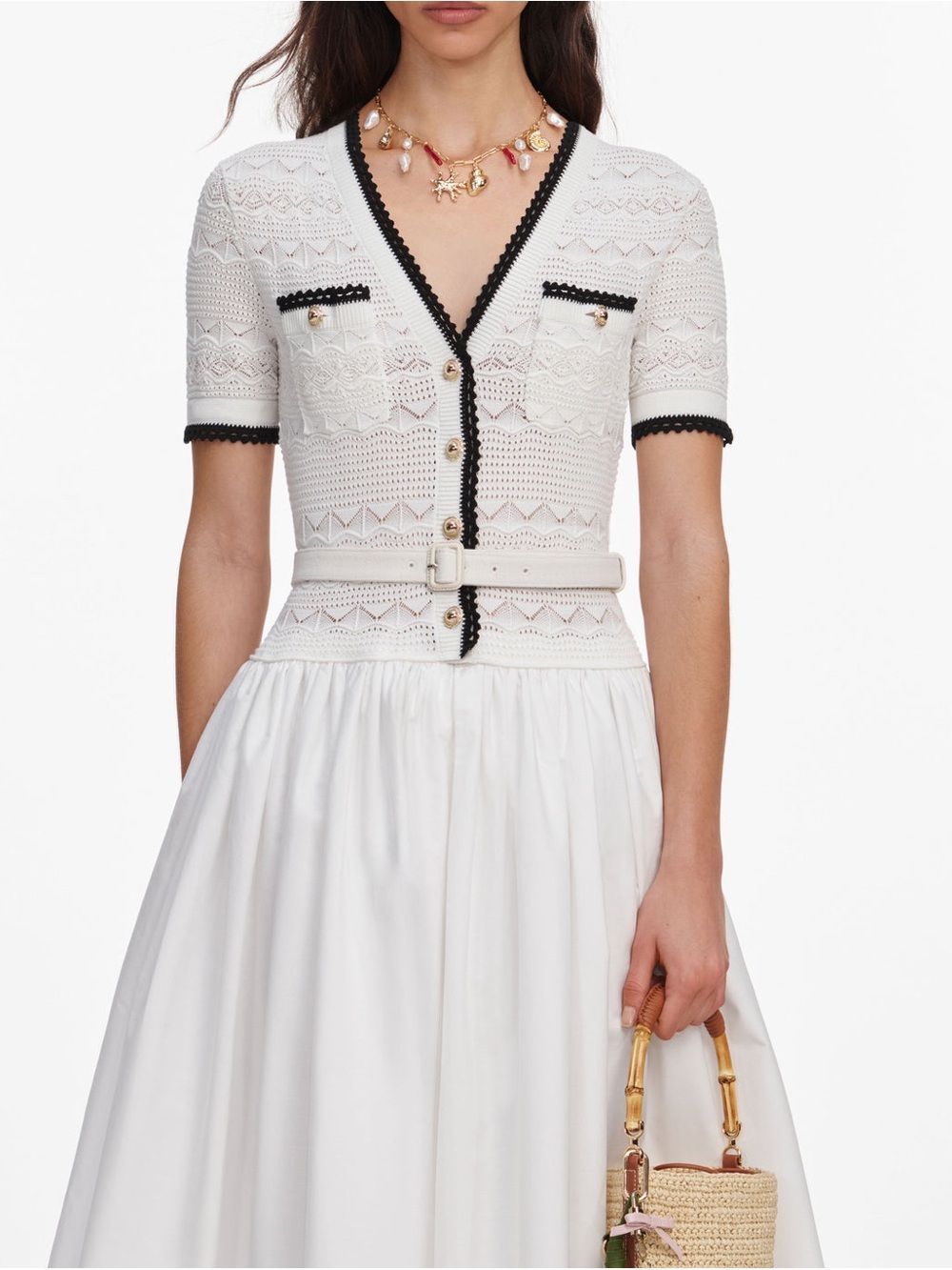 NWOT Self-Portrait WHITE KNIT LINEN MIDI DRESS - Picture 2 of 12
